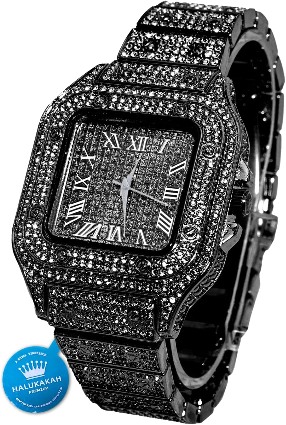 Halukakah Men’s Watch - The King - 18K Gold/Platinum Plated, 40MM Square Dial, Iced Out Wristband, with Cuban Link Chain Necklace and Bracelet Set Optional, Comes in Giftbox