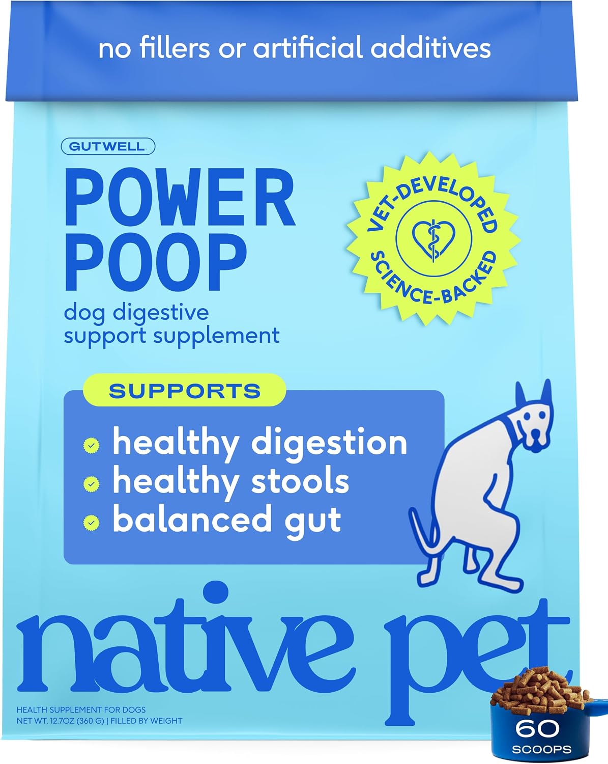 Native Pet GutWell Power Poop - Digestive Support & Fiber for Dogs - Promotes Healthy Stools, Supports Balanced Microbiome & Digestive Function - Triple-Biotic Blend & M-Fiber - 60 Scoops
