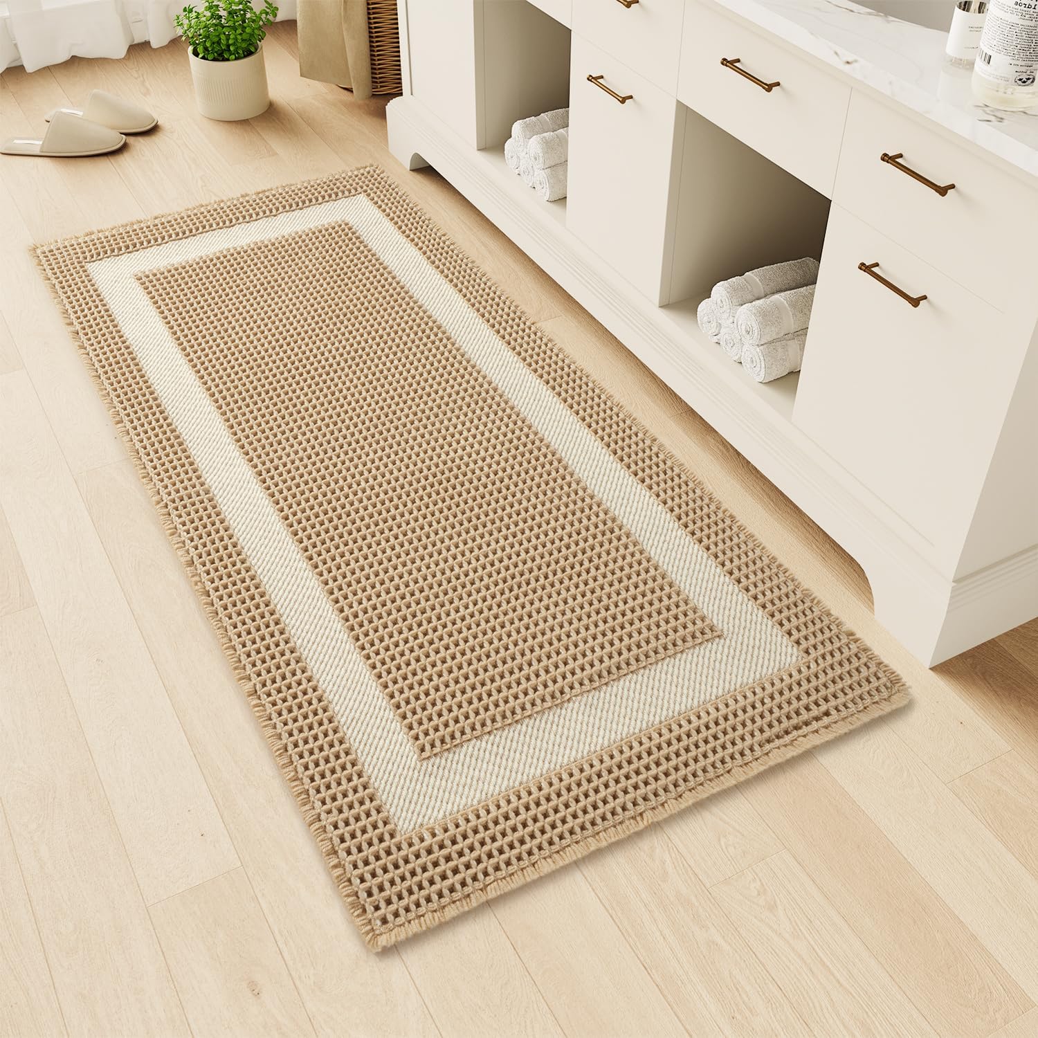 MontVoo Waffle Runner-Rug, Super Absorbent Bath Mat with Tassels, Non Slip Washable Rug for Bathroom Floor, 24"x48", Beige