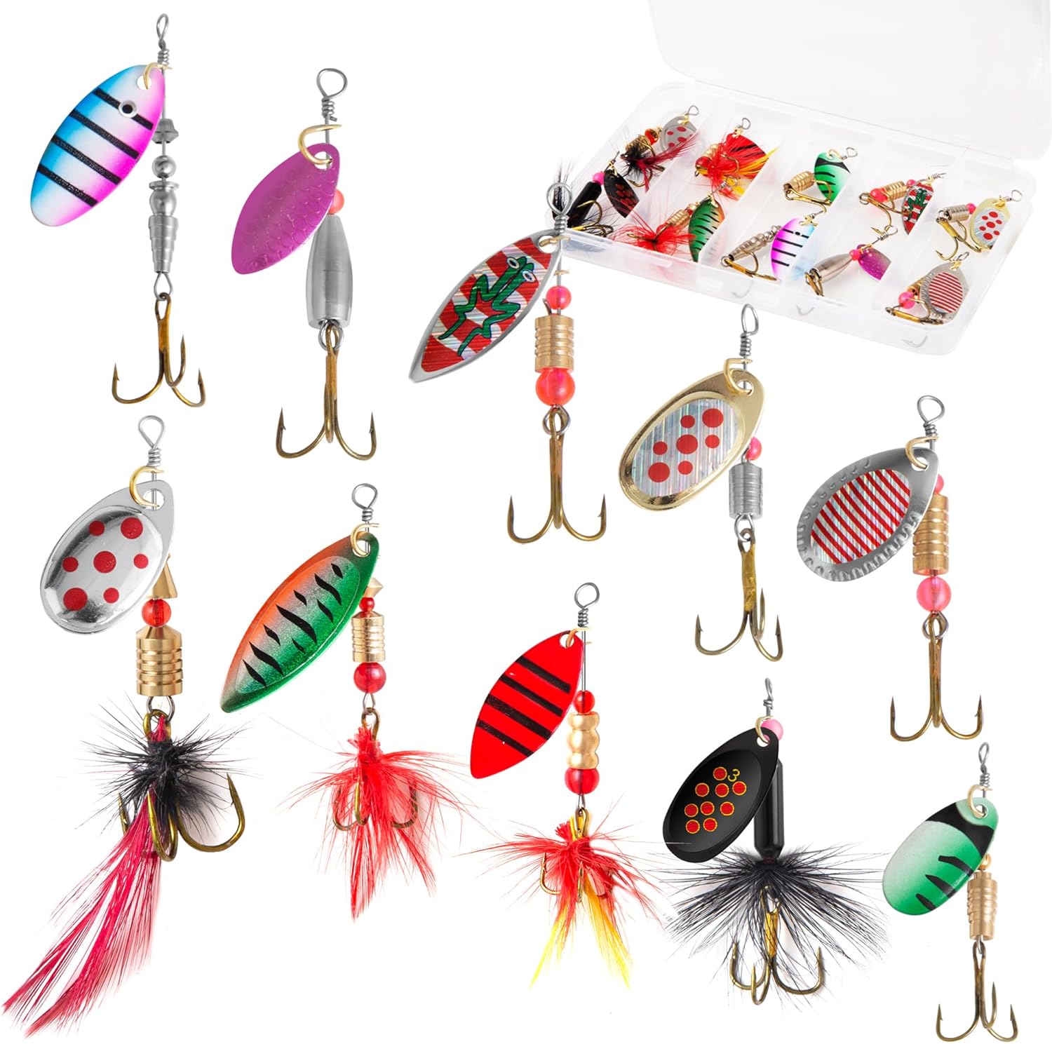 10PCS Rooster Tail Fishing Lures with Tackle Box, Spinner Bait with Flash Copper Body & Spoon, Freshwater and Saltwater Bait for Bass Crappie Walleye Trout, Swimming or Jigging