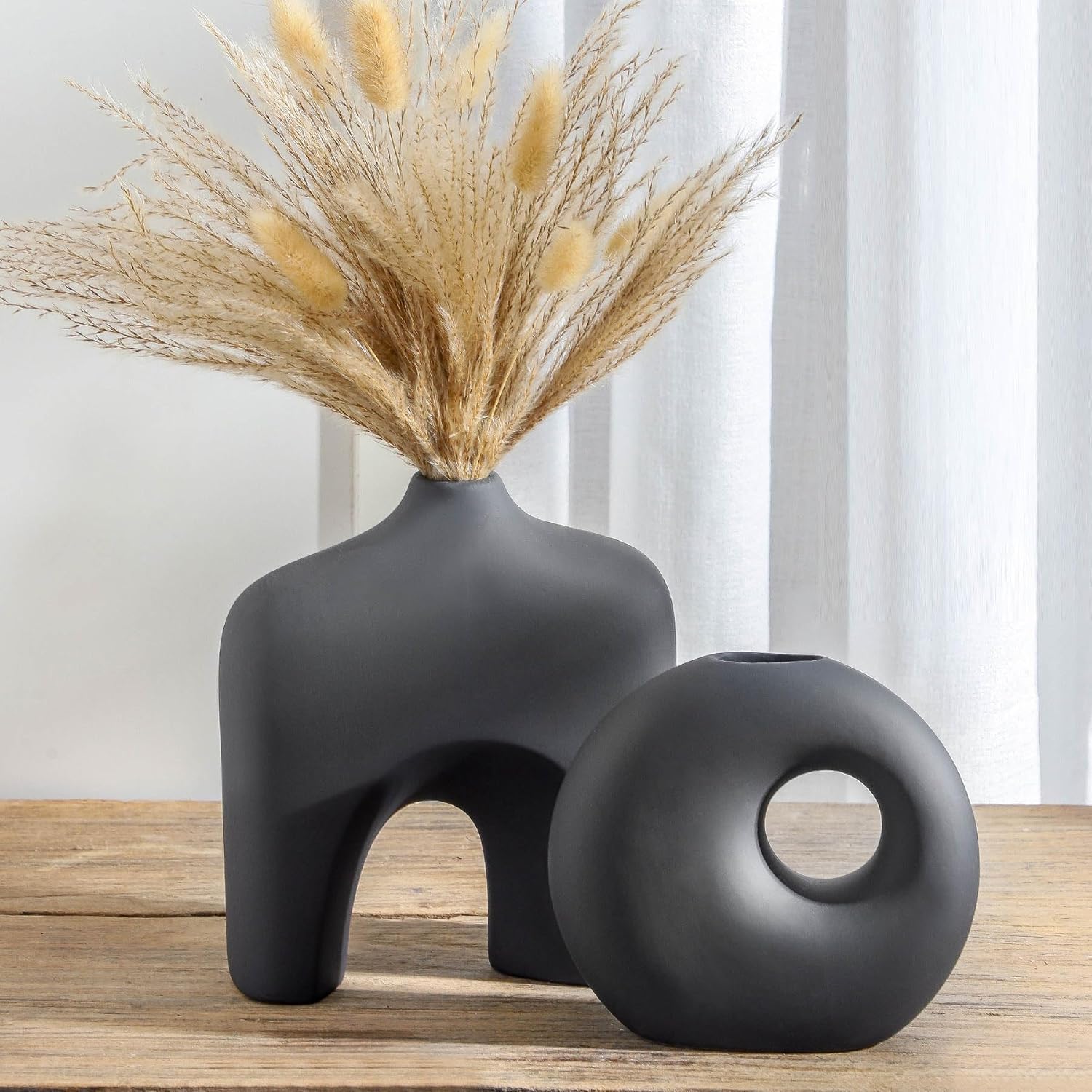 Ceramic Vase Set of 2, Modern Donut Vases for Minimalist Nordic Home Decor, Waterproof Round Vase, Decorative Centerpiece Vases for Living Room, Entryway, Bookshelf, Table Decor (Matte Black)