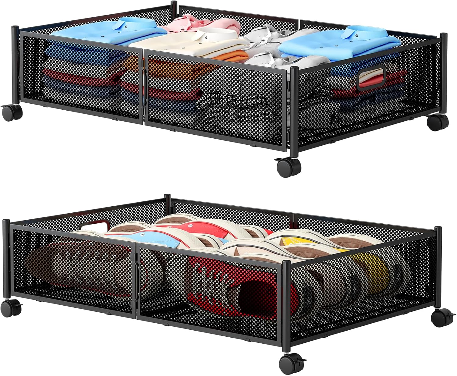 Under Bed Storage with Wheels, Foldable Metal Mesh Underbed Storage Container Bins, Tool-free Assembly Clothes Drawer Organizer,2Pack