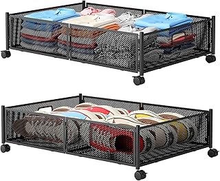 Under Bed Storage with Wheels, Foldable Metal Mesh Underbed Storage Container Bins, Tool-free Assembly Clothes Drawer Organizer,2Pack