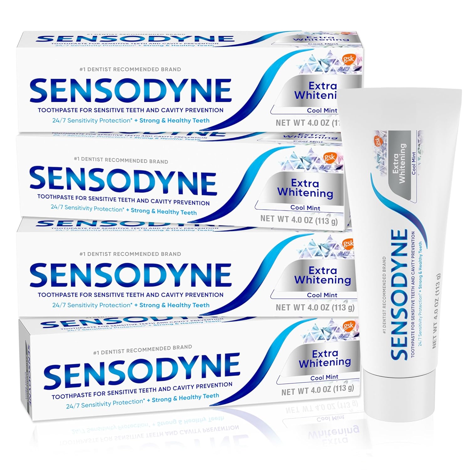 Sensodyne Extra Whitening Sensitive Teeth and Cavity Prevention Whitening Toothpaste, Amazon Exclusive, Cool Mint, Amazon Exclusive- 4 Ounces (Pack of 4)