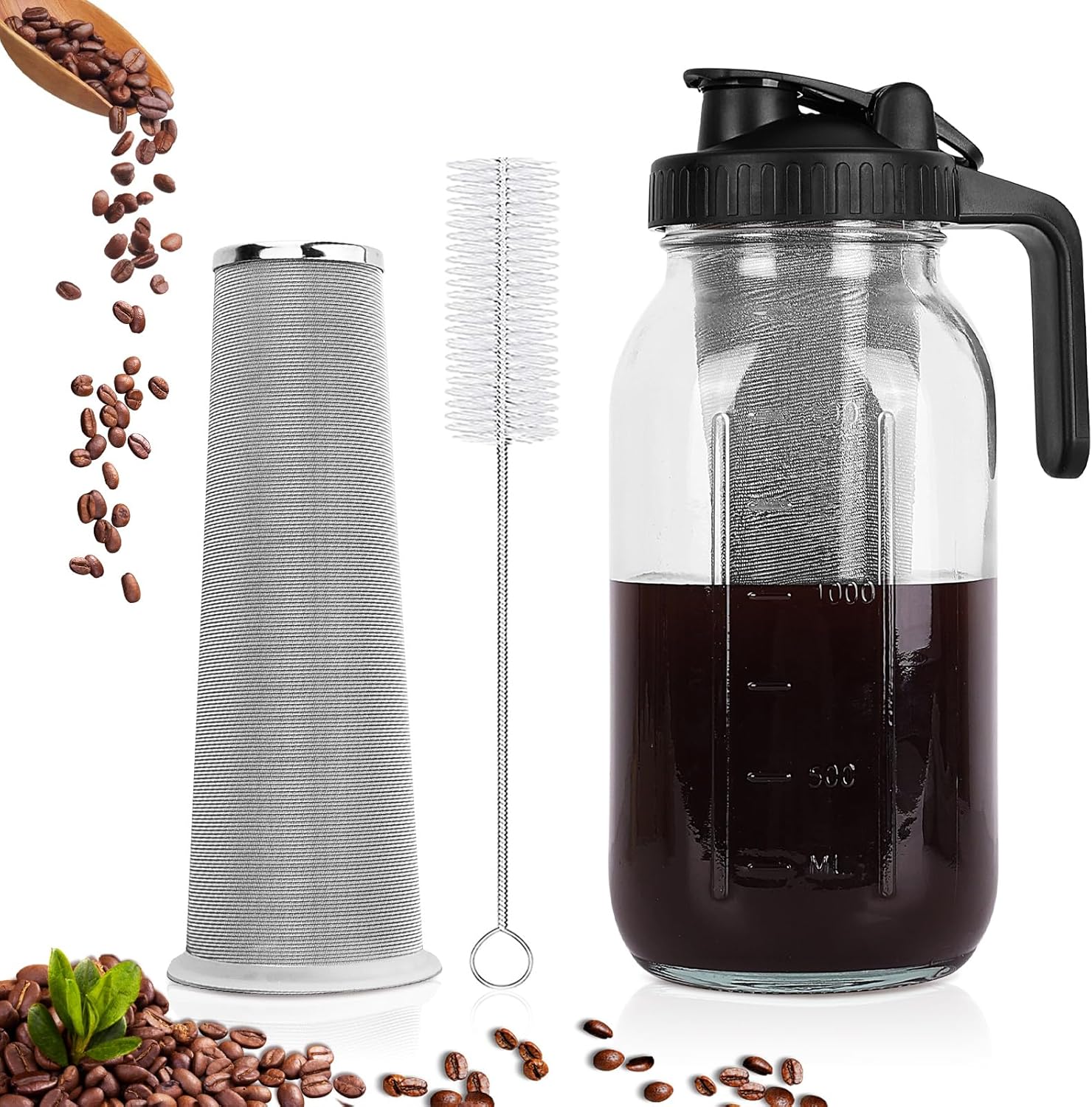 Cold Brew Coffee Maker,64 oz Mason Jar Pitcher with Stainless Steel Filter, Pour Spout Handle Lid, Heavy Duty Glass Airtight & Leak-Proof Pitcher for iced coffee Tea Lemonade