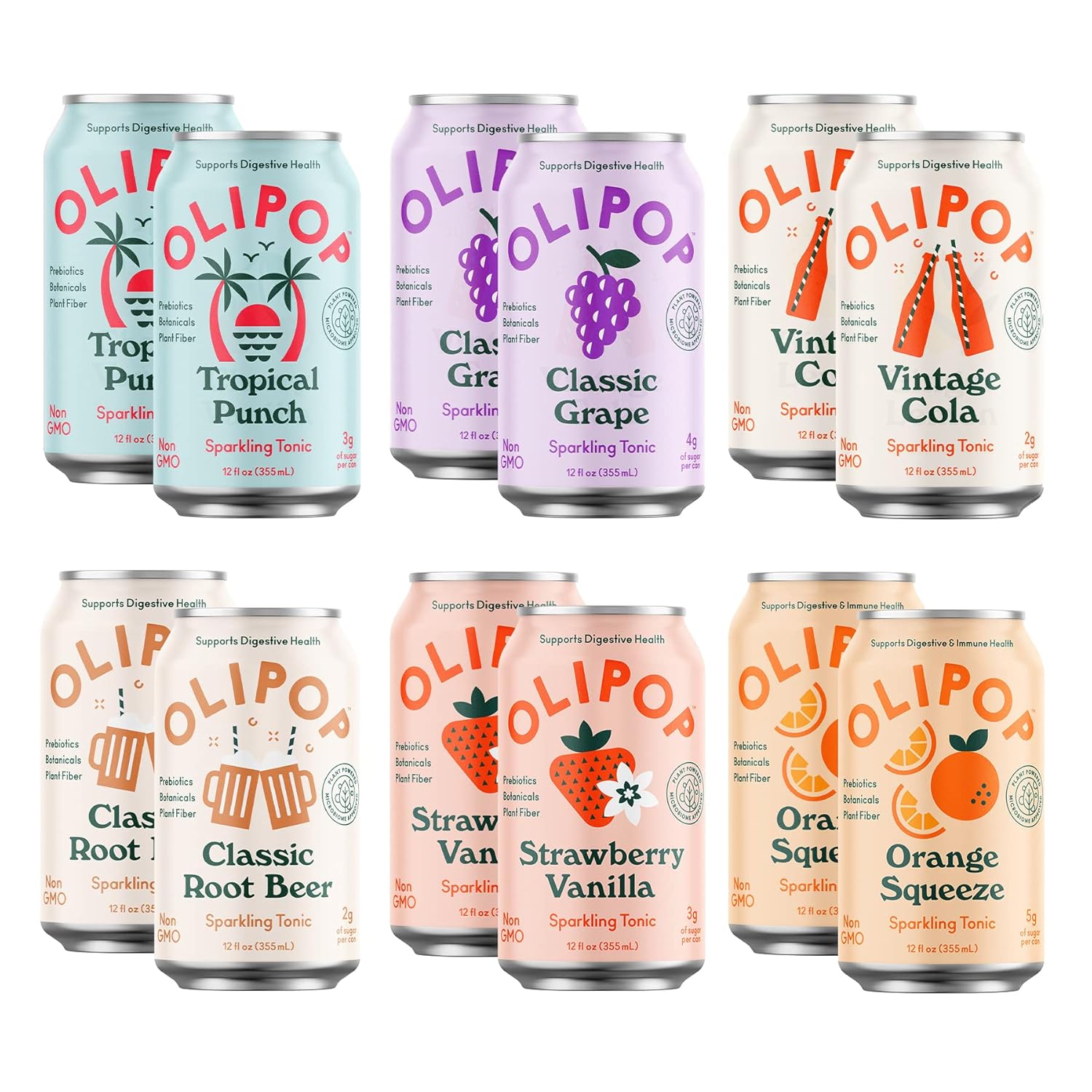Olipop - 6-Flavor Sparkling Tonic Variety Pack, Prebiotic Soda Sampler, Contains Rich in Botanicals, High Fiber, Vegan, Paleo-Friendly, Non-GMO (12 oz, 12-Pack)