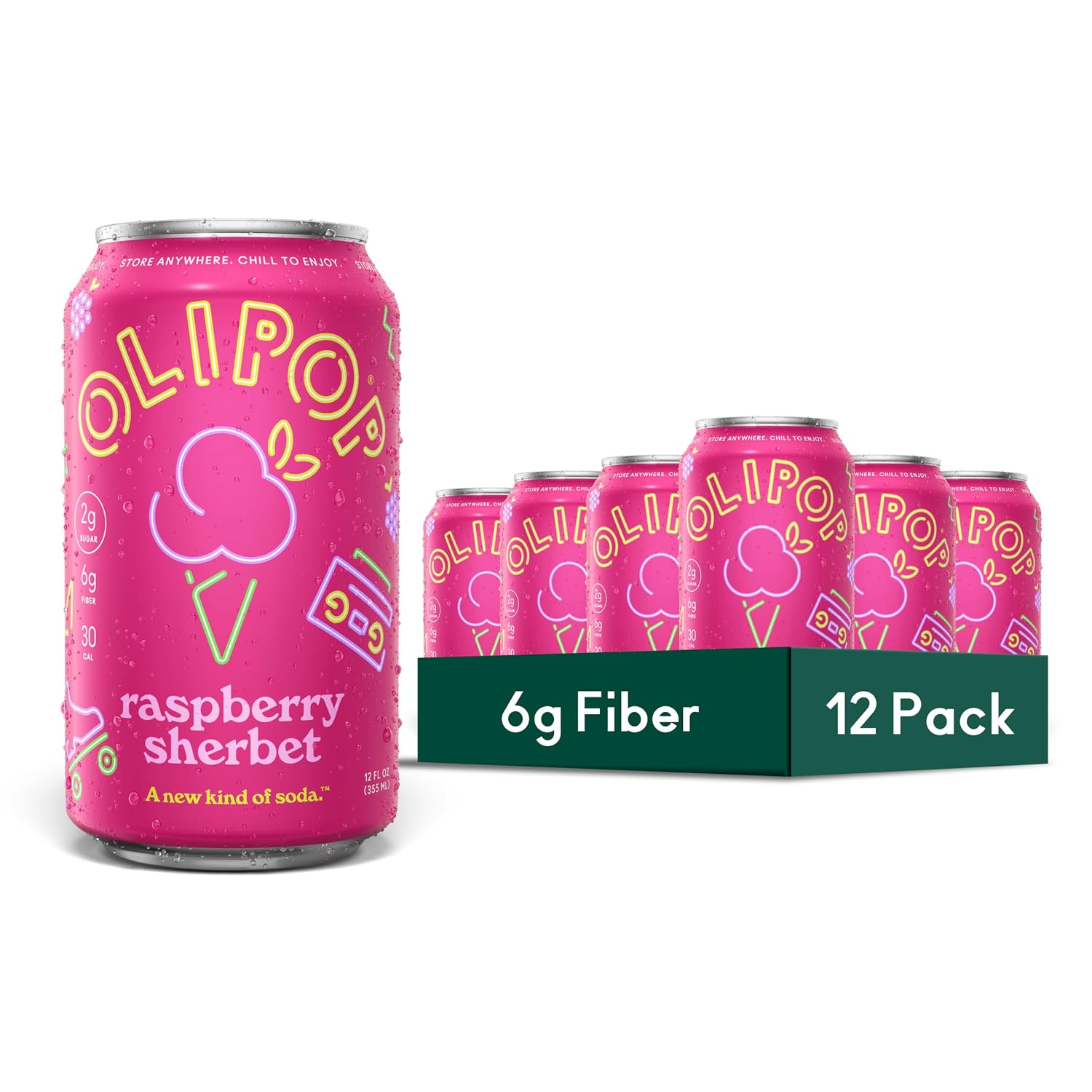 OLIPOP Prebiotic Soda Pop, Raspberry Sherbet, Pantry Pack Packed with Prebiotics, Fiber, and Botanicals, Gluten Free, GMO Free, 12oz (12-Cans) (Packaging May Vary)