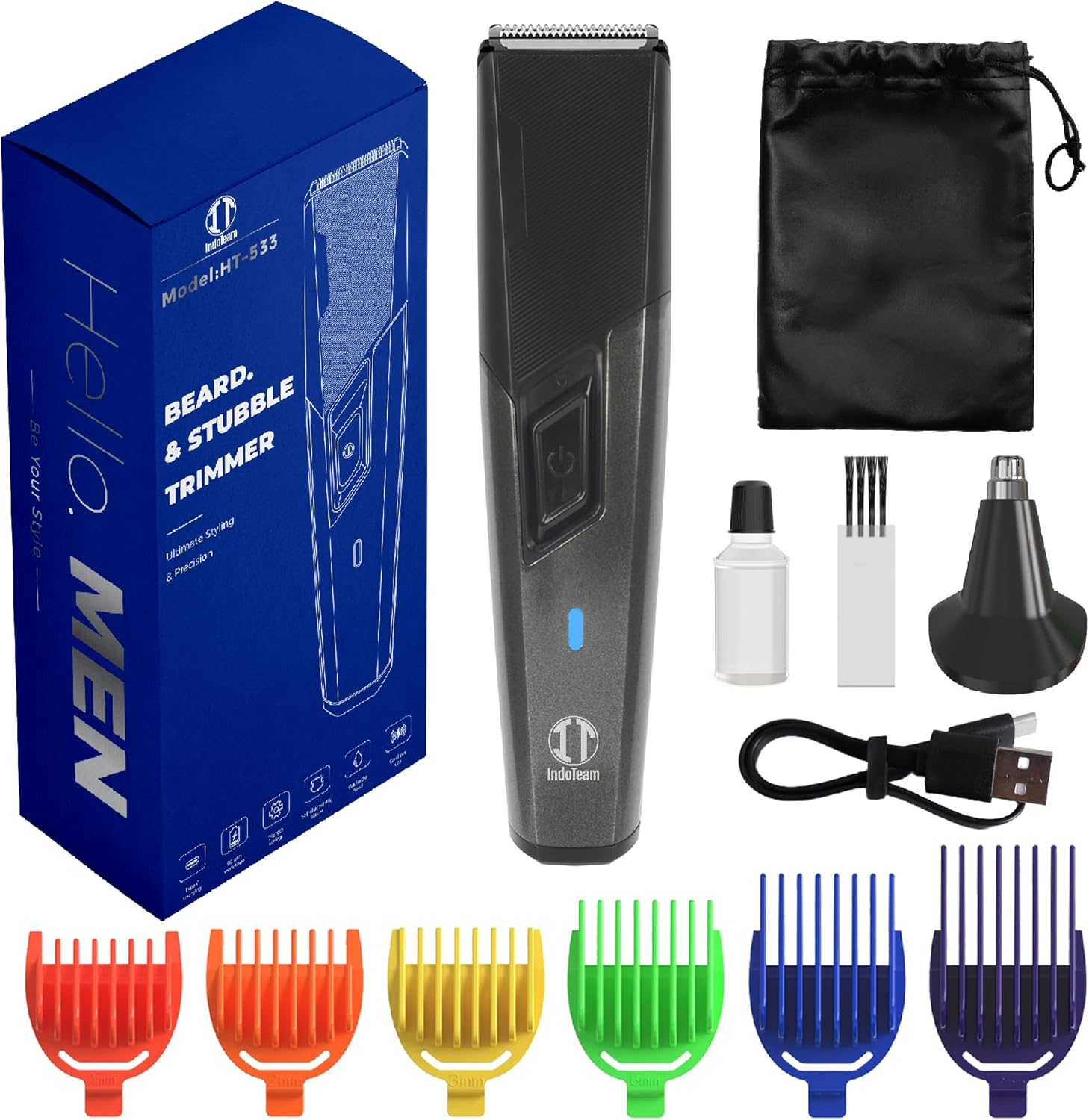IndoTeam Beard Trimmer Men - Electric Shaver Trimmers for Men with Colour Coded Guide Combs – Rechargeable Beard Trimming Kit - Mens Electric Shavers and Nose Trimmer Razor for Body Grooming