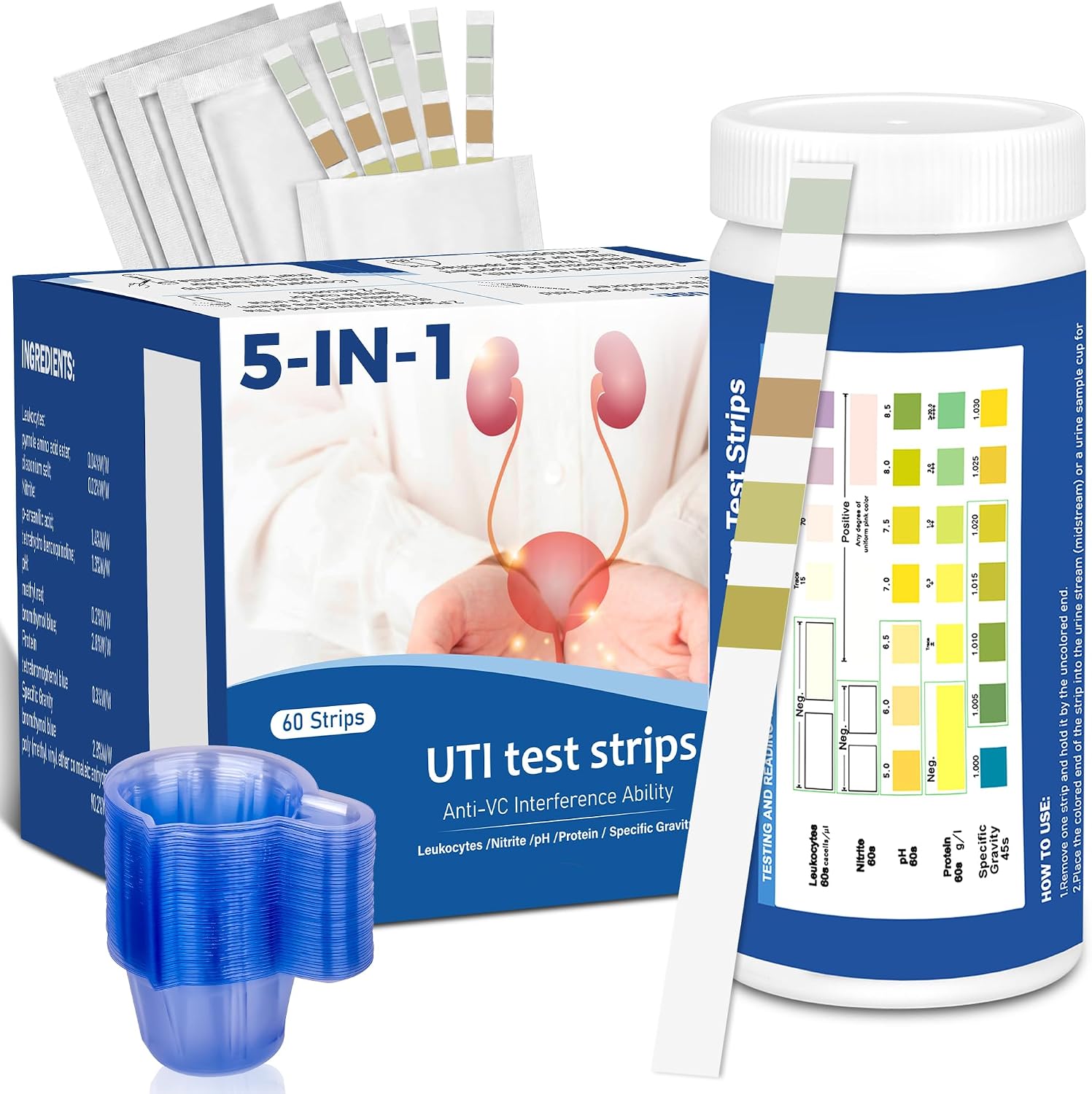 5-in-1 UTI Test Strips, 60ct Full Panel Urinary Tract Infection Test Kit at Home for Women Men Kids with Cups, Urinalysis Leukocytes, Nitrites, PH, Protein, Specific Gravity