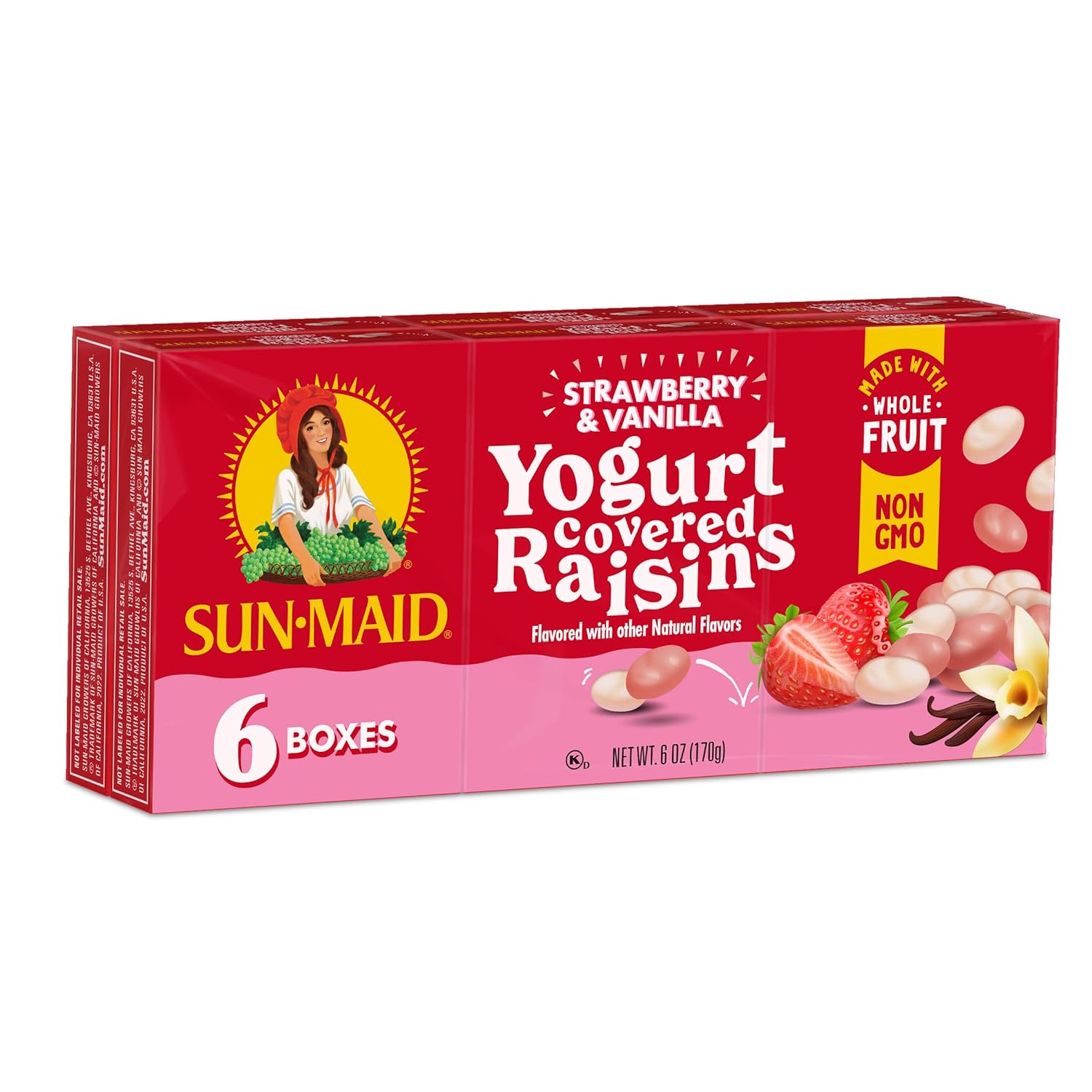 Sun-Maid Strawberry & Vanilla Yogurt Coated Raisins - (6 Pack) 1 oz Snack-Size Box - Yogurt Covered Dried Fruit for Lunches and Back to School Snacks