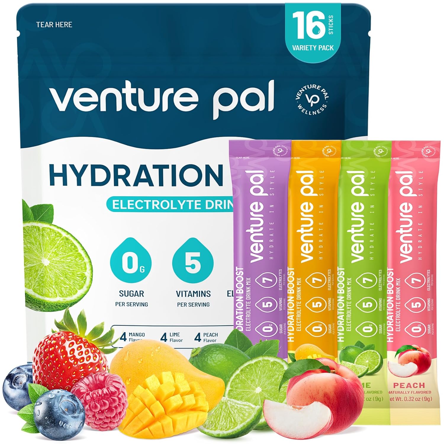 Venture Pal Sugar Free Electrolyte Powder Packets - Liquid Daily IV Hydration Packets | Electrolytes Drink Mix with 5 Vitamins & 7 Electrolytes | Keto Friendly | Non-GMO | Certified Vegan | 16 Sticks
