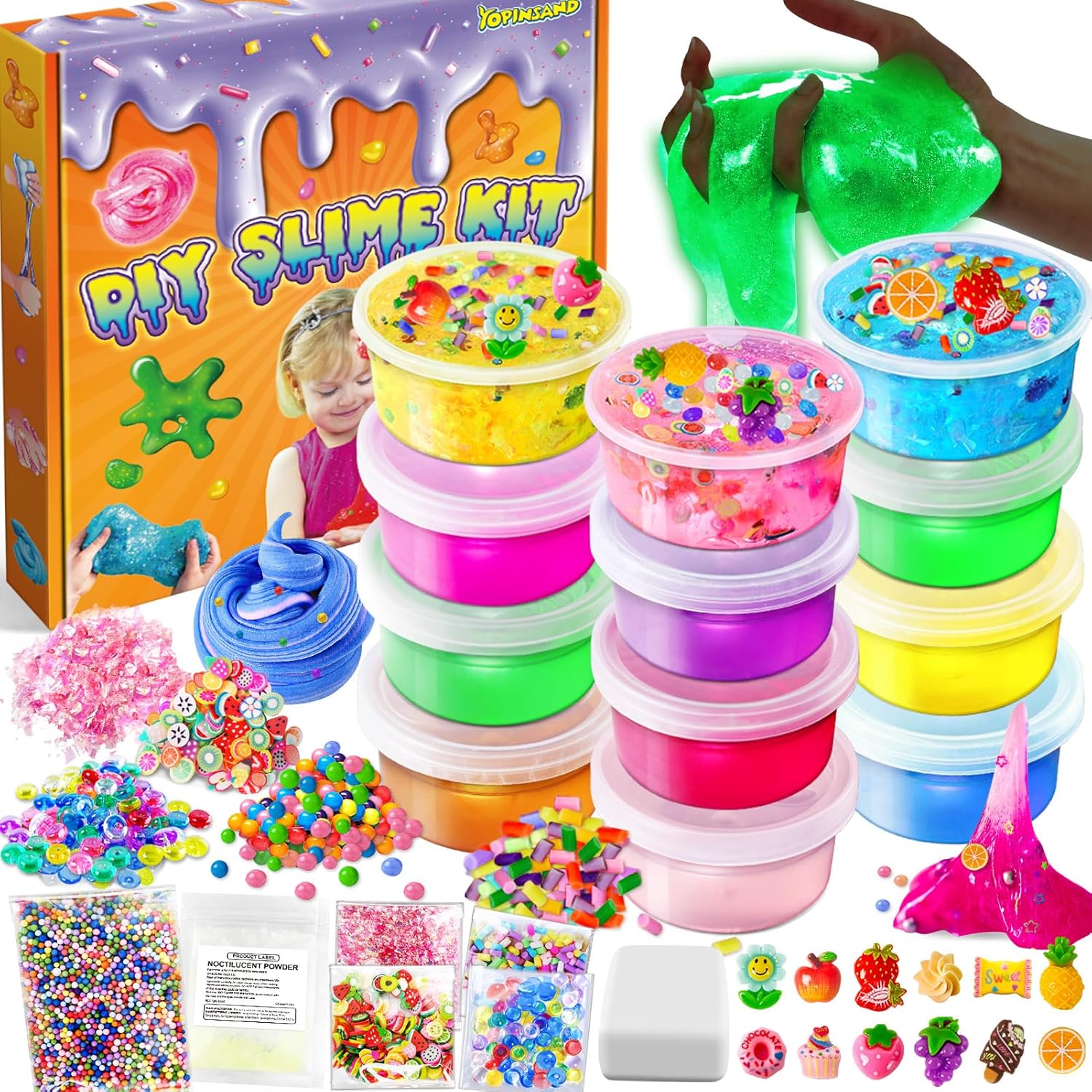 12 Cups DIY Slime Kit, Slime Making Kit for Girls, Glow in The Dark, Crystal Clear Slime with Add-ins, Foam Balls, Charms, Party Favors Gift Toys for Kids 3-12
