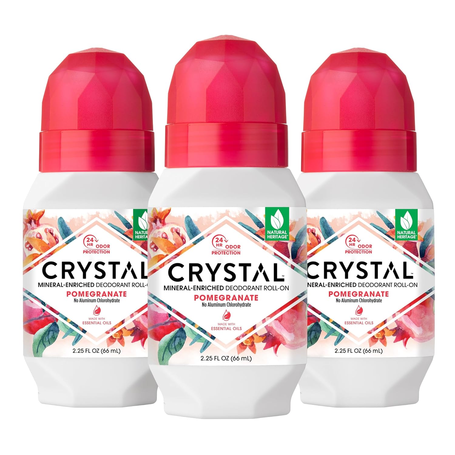Crystal Mineral Deodorant Roll-On Body Deodorant With 24-Hour Odor Protection, Pomegranate, Non-Sticky Roll-On, Aluminium Chloride, 2.25 FL OZ - 3 pack