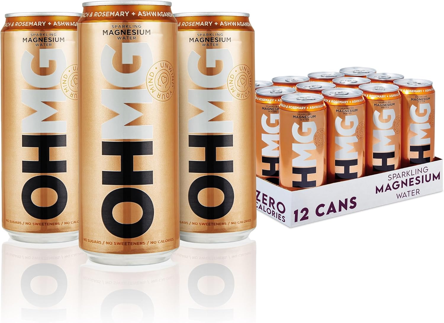 OHMG Sparkling Magnesium Water | 12 Cans x 330ml Flavoured Sparkling Water | Peach & Rosemary + Ashwagandha | Zero Calories, Sweeteners or Sugar | Health Drinks | Energy Drinks |100mg Magnesium