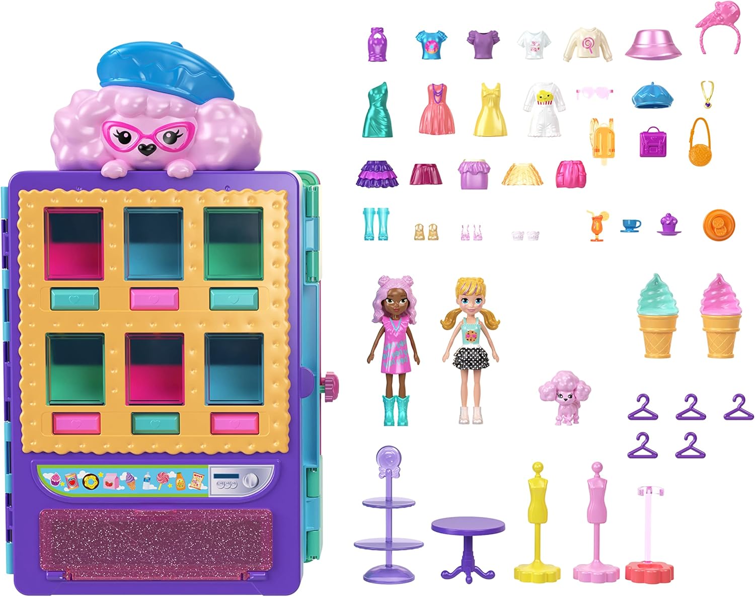 Polly Pocket Playset & 2 Dolls (3-inch), Candy Style Fashion Drop Vending Machine, 2-Stories, 35+ Pieces of Furniture, Clothes & Accessories, HKW12
