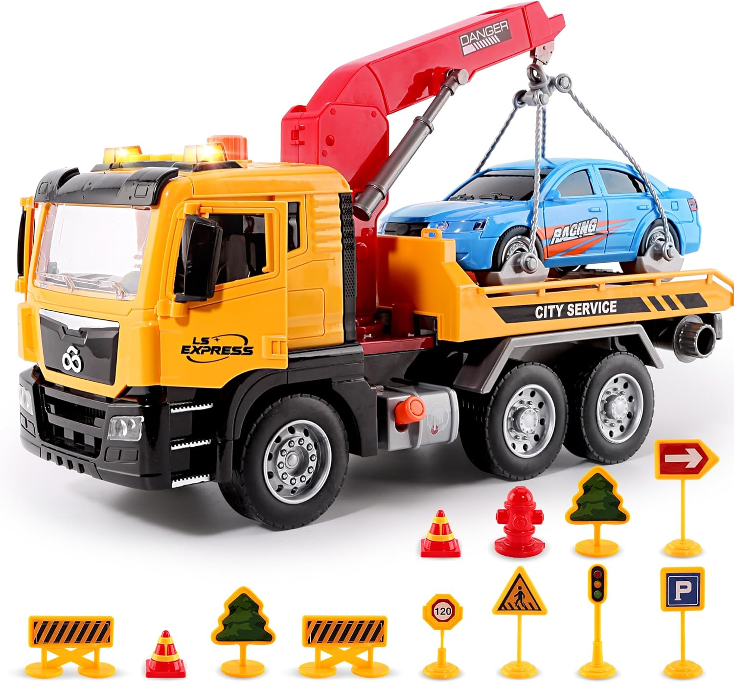 BunnyJOY Rescue Tow Truck Toy for 3 4 5 6 7 Years Old Boys, Friction Powered Vehicle, Realistic Playset Gift for Kids Girls Aged 3+