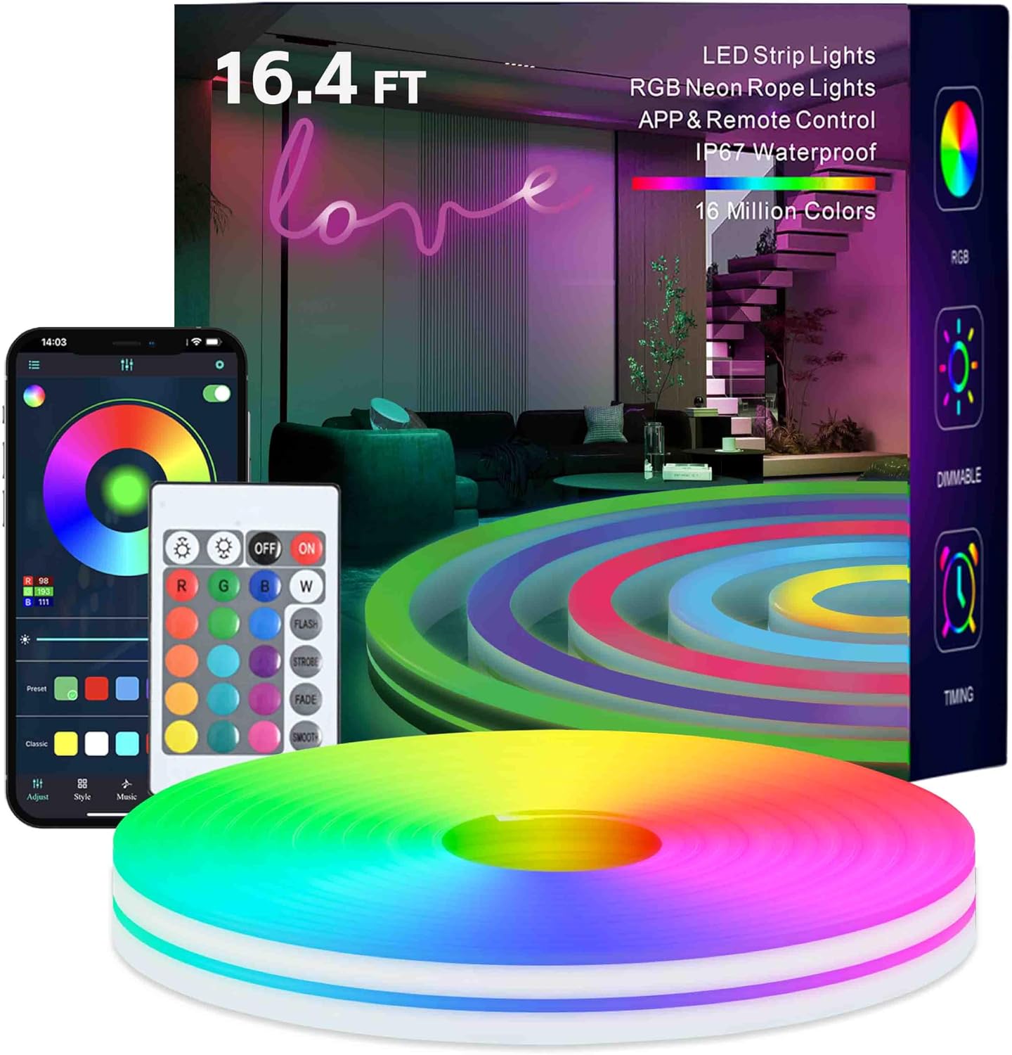 MFWW Neon Rope Lights, 16.4FT RGB LED Strip Lights, App Control, IR Remote, Outdoor IP67 Waterproof, Music Syncing, Flexible DIY Design for Bedroom, Gaming, Party, Christmas Decor
