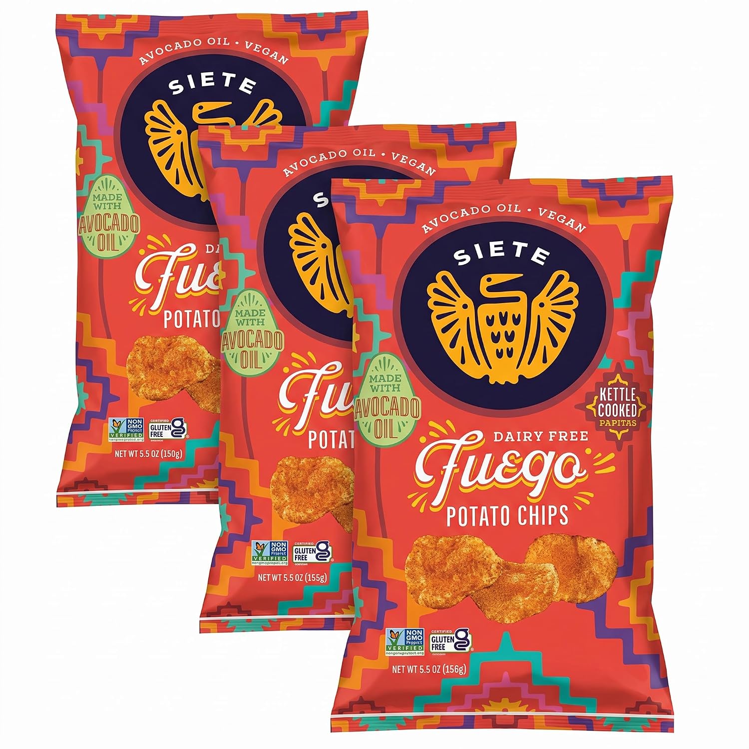 Siete Family Foods Fuego Potato Chips, 5.5 oz Bag (Pack of 3)