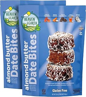Heaven & Earth Gluten Free Chocolate Covered Almond Butter Date Bite Truffles with Coconut Flakes 5.25oz (2 Pack) Dairy Free, All Natural, Individually Wrapped Date Snacks, Kosher for Passover and year round