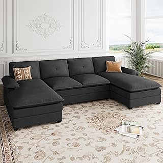 Shintenchi 110" Sectional Sofa Couch, U-Shaped Modular Couch Sleeper with Thick Cushion & Soft Backrest, 4 Seat Sofa Couch with Double Chaise for Living Room, Black