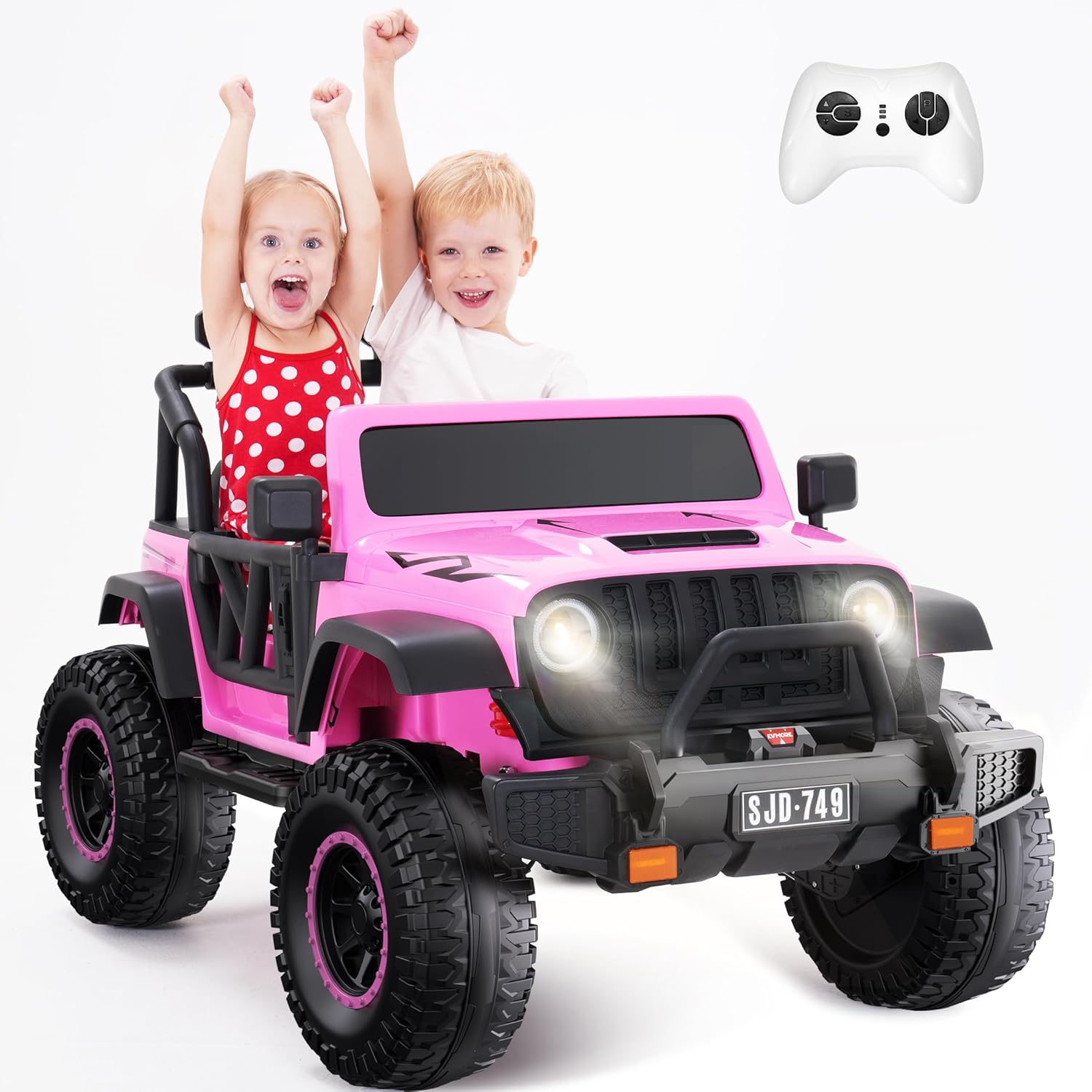 Evmore 24V Ride on Toys for Big Kids, 7Ah Large Battery Kids' Electric Vehicles, Ride on Car with Remote Control, Electric Cars Ride on Truck w/4WD 3 Speeds, LED Lights, Music, Horn (Pink)