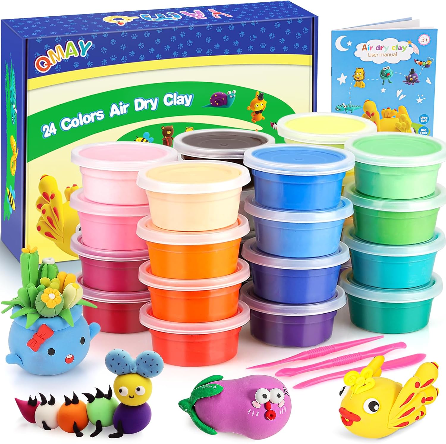QMAY Air Dry Clay, 24 Colors Ultra Light Modelling Clay Safe & Non-Toxic, Creative Art DIY Crafts for Kids Boys & Girls