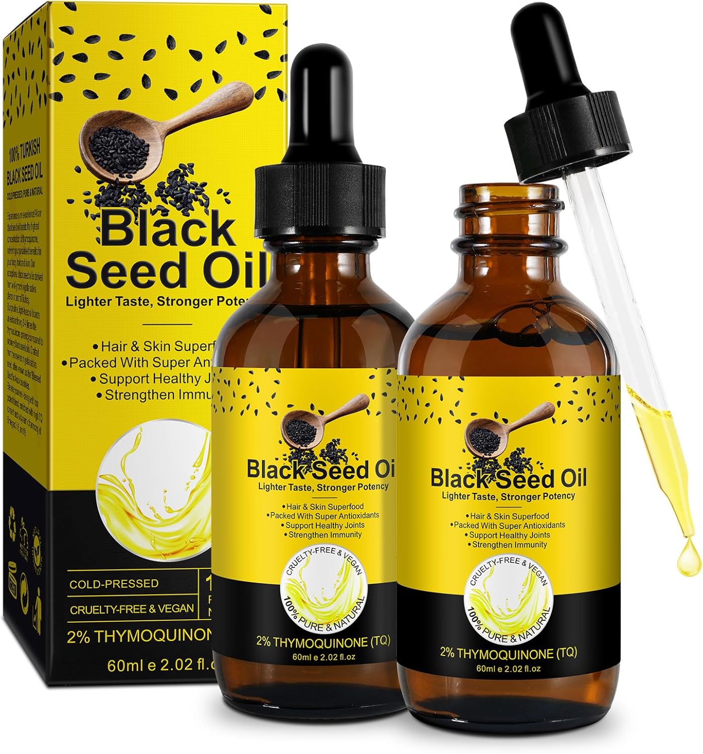Black Seed Oil | 2 x 60Ml 100% Pure, Natural And Premium Cold Pressed | Best For Hair Growth & Skin Care & Protect Joints - Strong From Virgin Organic Blackseed Nigella Sativa Seeds Oil