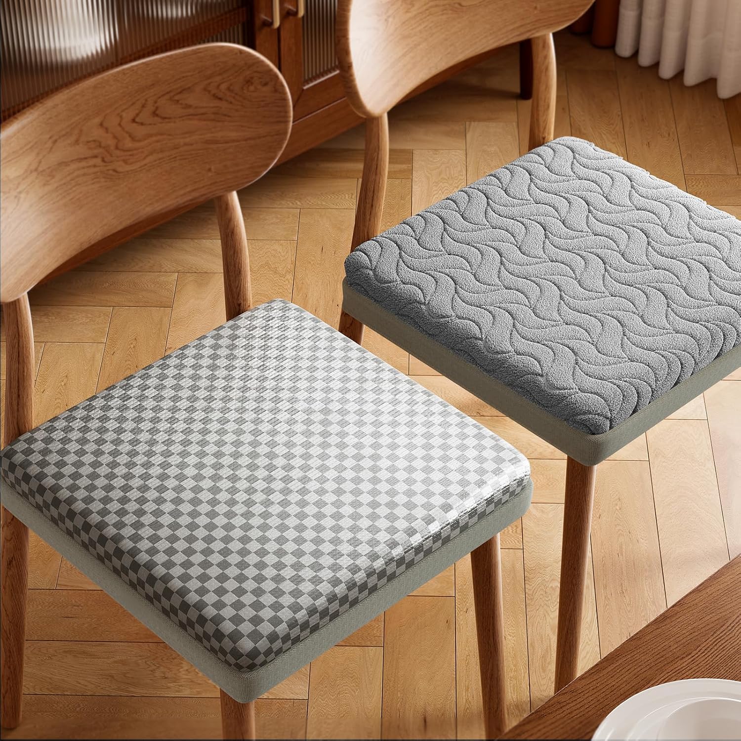 South to East Chair Cushions for Dining Chairs Set of 2, Double-Sided Non Slip Kitchen Chair Cushions, Waffle Wrap Around Chair Pads, Seat Cushion for Kitchen, Dining Chairs, 15.75x15.75x1.57in, Grey