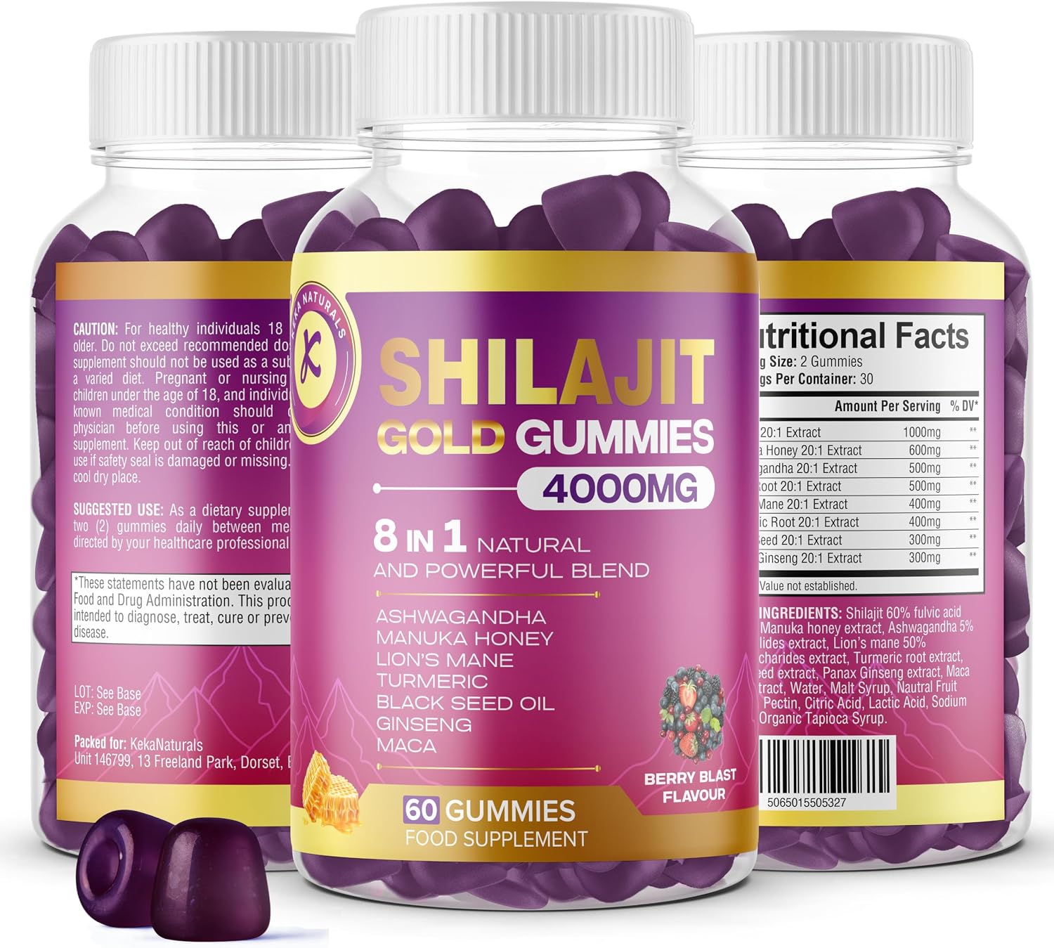 Shilajit Gummies 8-in-1 Blend - Ashwagandha, Manuka Honey, Maca Root, Ginseng, Turmeric, Lion’s Mane, Black Seed Oil - High Strength, 60 Gummies