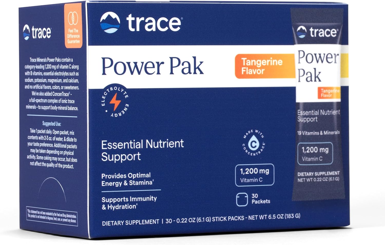 Trace Minerals Power Pak Electrolyte Powder Packets, Tangerine, 30 Ct