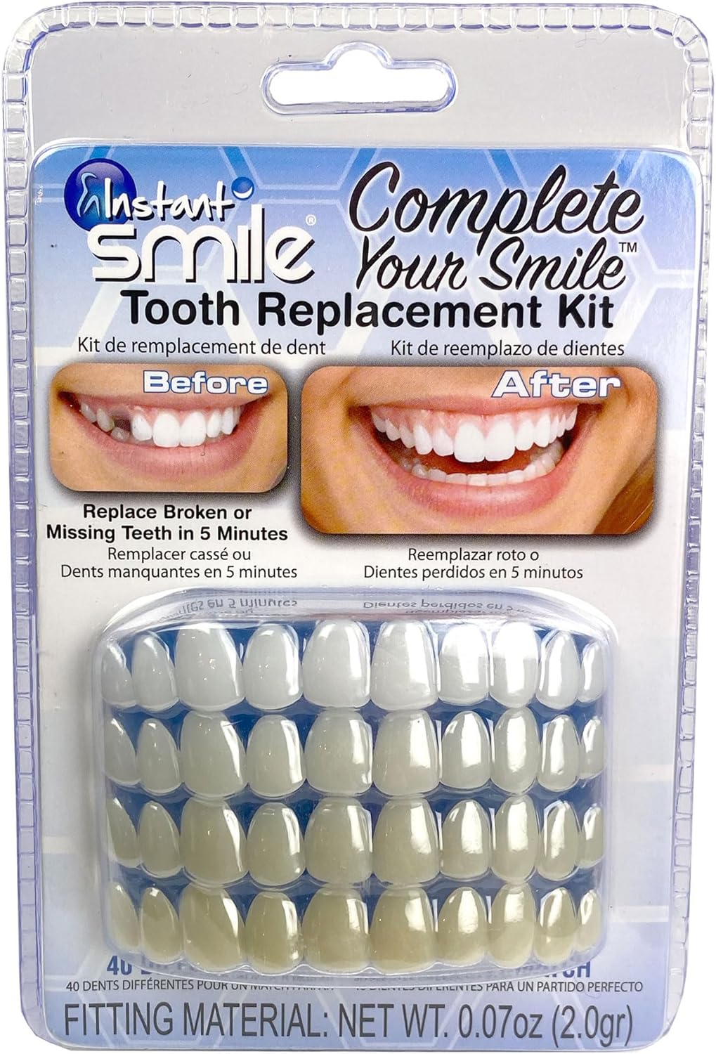 Instant Smile Complete Your Smile Temporary Tooth Replacement Kit, Broken or Missing Tooth Repair Kit, Bright White Natural and Dark Shades, Patented, 40 False Teeth