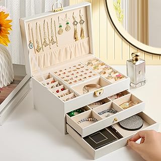 3 Layer Jewelry Box, Jewelry Holder Organizer with Jewelry Organizer Drawer, Large Jewelry Boxes & Organizer with Velvet Earring Organizer, Lockable Jewelry Holder, Christmas Gifts for Mom