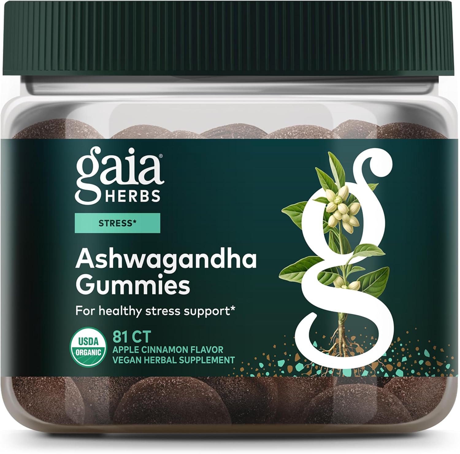Gaia Herbs Organic Ashwagandha Gummies, Stress Support*, Cinnamon, Ginger, Gluten Free, Vegan, 81 Count