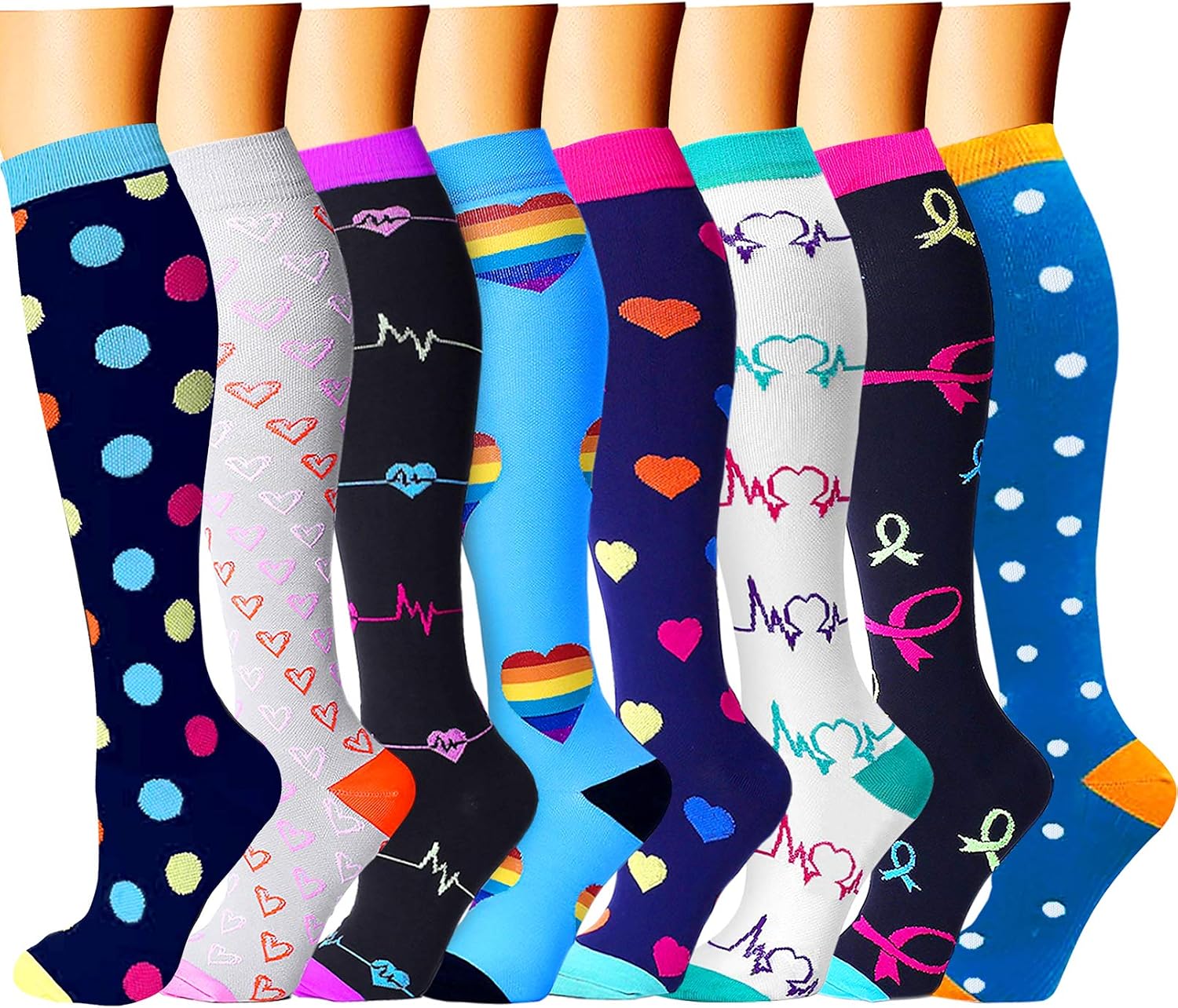 CHARMKING Compression Socks for Women & Men Circulation (8 Pairs) 15-20 mmHg Best Calf Socks Support for Athletic Cycling