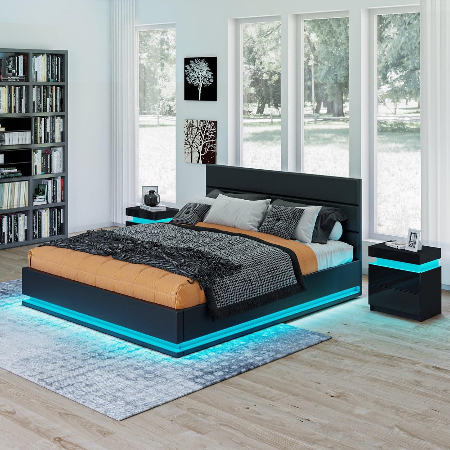 Ottoman Lift Storage Bed with LED Light, 4FT6 Double Size Bed Frame, Faux Leather Upholstered Bed Frame with Gas Lift Up Storage, for Bedroom Furniture, Black