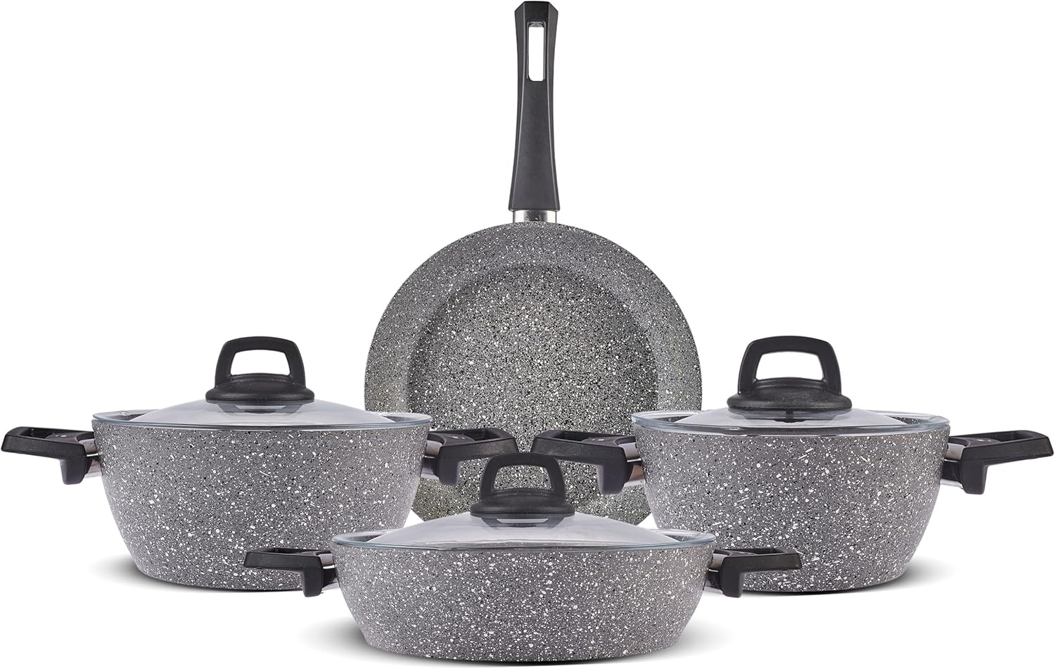 Karaca Gris BioGranite 7 Piece Granite Cookware Pot and Pan Set, Non-Stick Coating, Dishwasher-Safe & Induction Pot Set, Granite Pots and Pans, 3 Pots with 3 Glass Lids and 1 Frying Pan