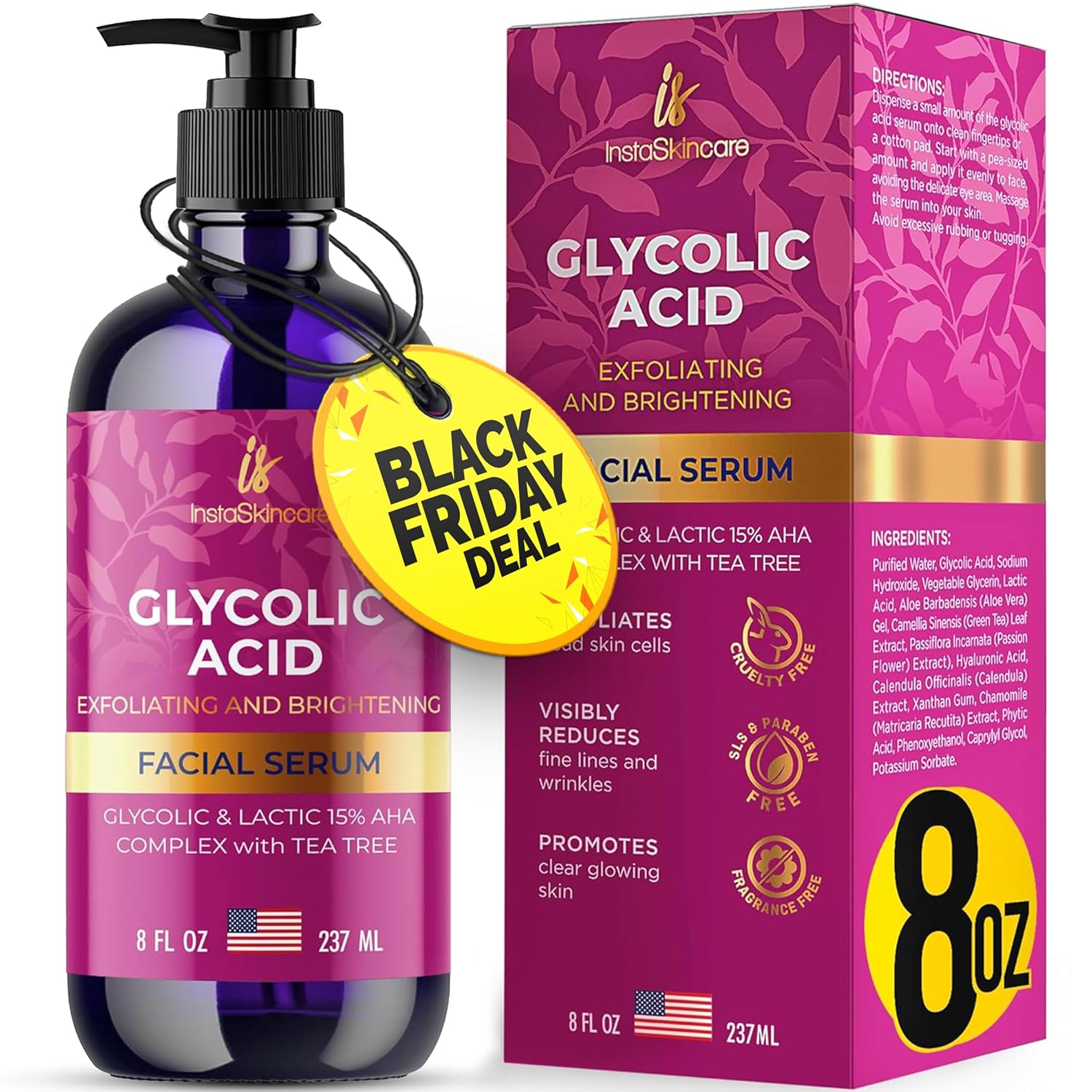 InstaSkincare Glycolic Acid Serum for Face 15% Strength - Extra Large Size (8Oz) - Advanced Formula for Enhancing Skin Radiance, Texture Improvement, Addressing Uneven Tone & Fine Lines