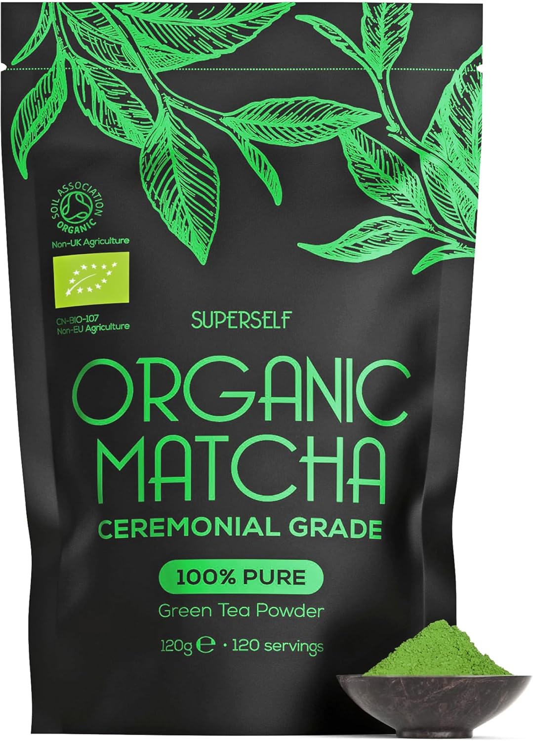 SuperSelf Organic Matcha Powder - Ceremonial Grade & 100% Pure - Smooth Taste & Vibrant Green - Macha for Straight Tea, Lattes, Baking - Certified Organic - Japanese Stone Ground Method - Large 120g