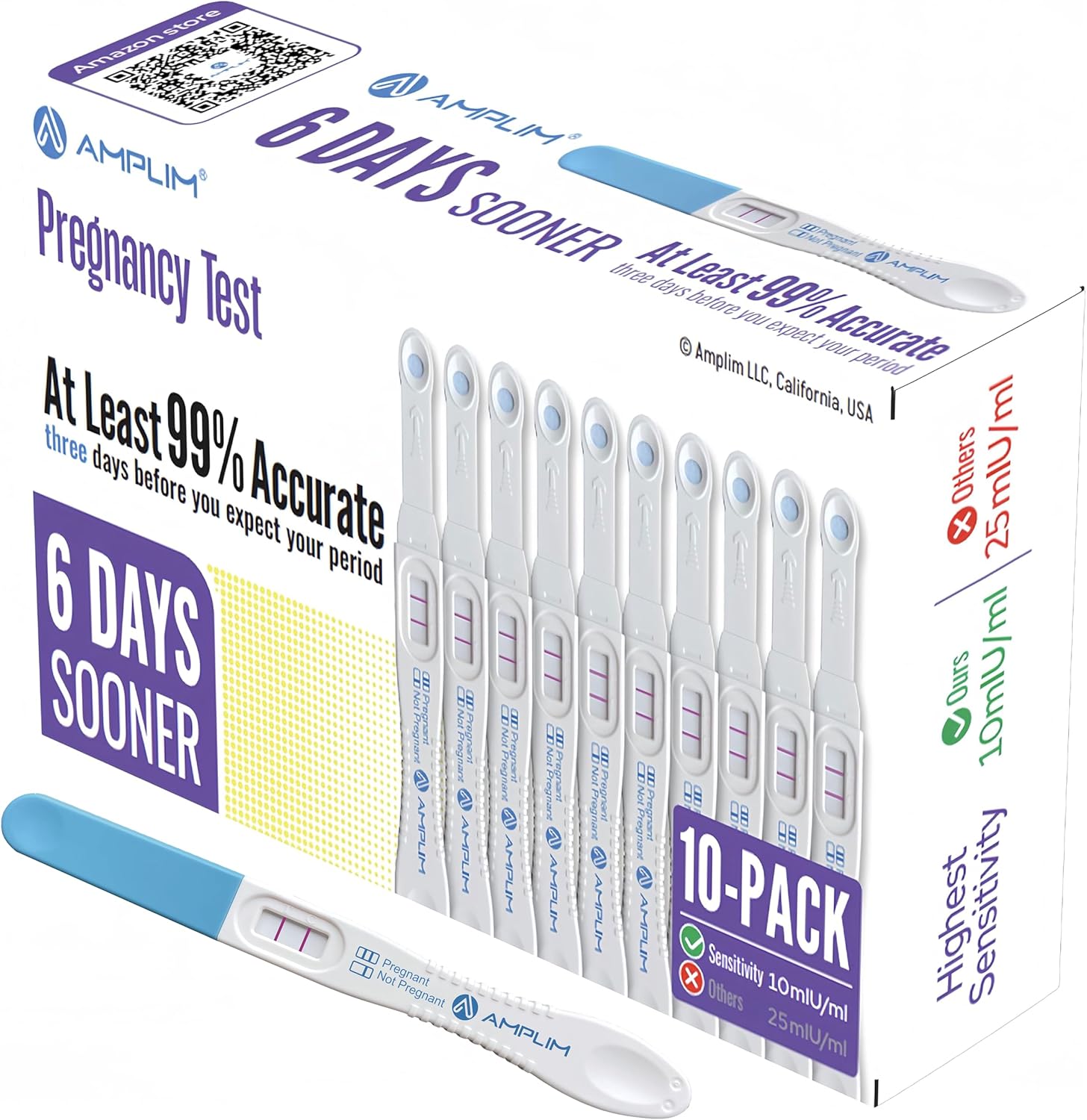 AMPLIM HCG Early Detection Pregnancy Test Bulk Sticks – 6-Days Sooner, Extra Sensitive 10 MIU/mL, FSA HSA, Midstream – Mom 2-Second Easy Home Tests, 99.9% Accurate Pregnant Test Result, ept 10-Pack