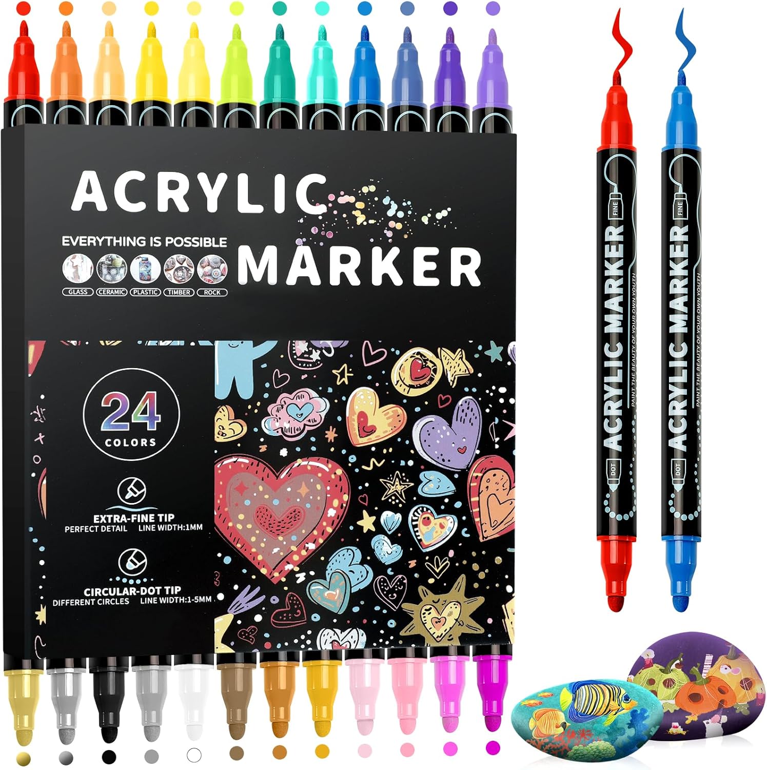 Acrylic Paint Pens Acrylic Paint Markers,24 Colours Fine & Dot Dual Tip Paint Markers for Rock Painting,Wood,Canvas,Calligraphy,DIY-Christmas Crafts Art Supplies