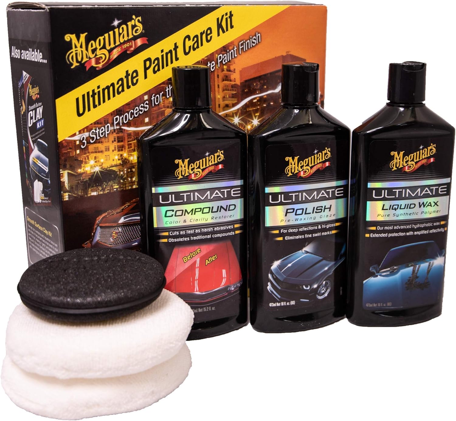 Meguiar's Ultimate Paint Care Kit for Cars in 3 Steps - Includes Compound, Polish & Liquid Wax with Applicators & Supreme Shine Microfiber Towel
