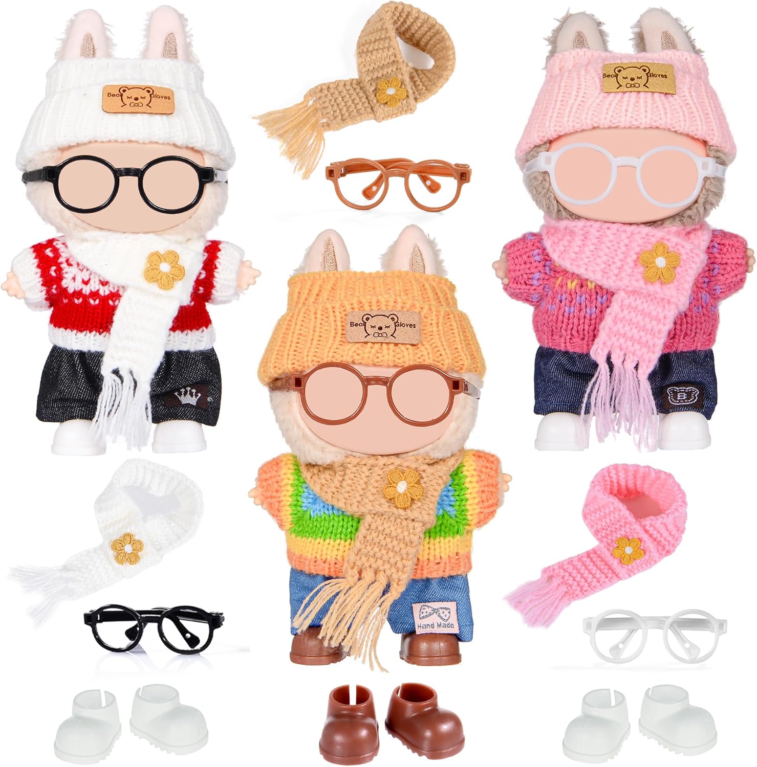 Total 3 Sets Knit Doll Clothes and Accessories Play Set for 17cm Dolls Include: 3 Hat, 3 Sweater, 3 Pants, 3 Scarf, 3 Glasses and 3 Shoes (Doll not Included)