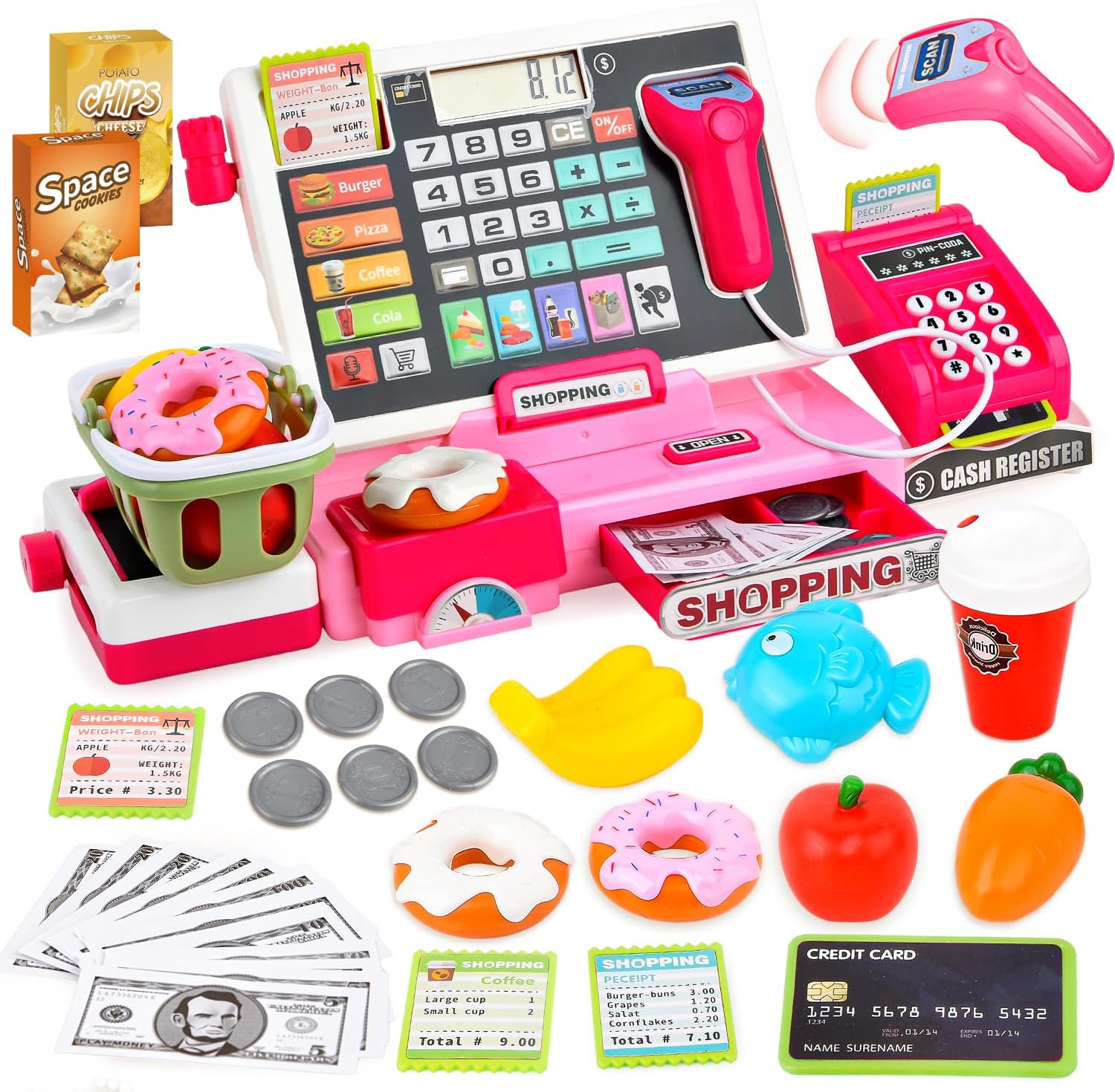 JoyGrow Cash Register Toys for Kids Pretend Play Supermarket Shop Toys With Real Calculator,Working Scanner,Credit Card,Play Food,Money and more,Educational Toys for Kids Boys Girls (Pink)