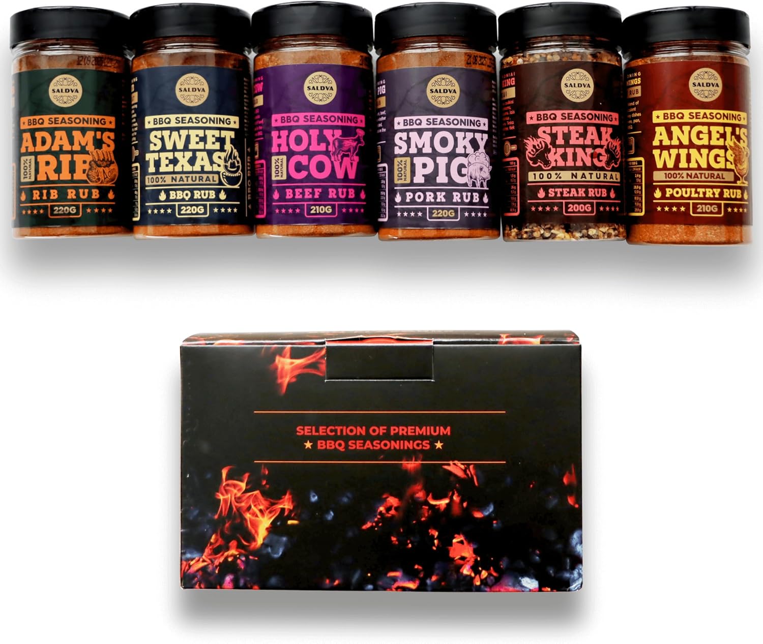 Meat Lovers BBQ Rub Gift Set - Holy Cow, Angel’s Wings, Smoky Pig, Sweet Texas, Steak King & Adam's Ribs BBQ Rubs | Pack of 6 | 100% Natural | Spice Gift For Foodie
