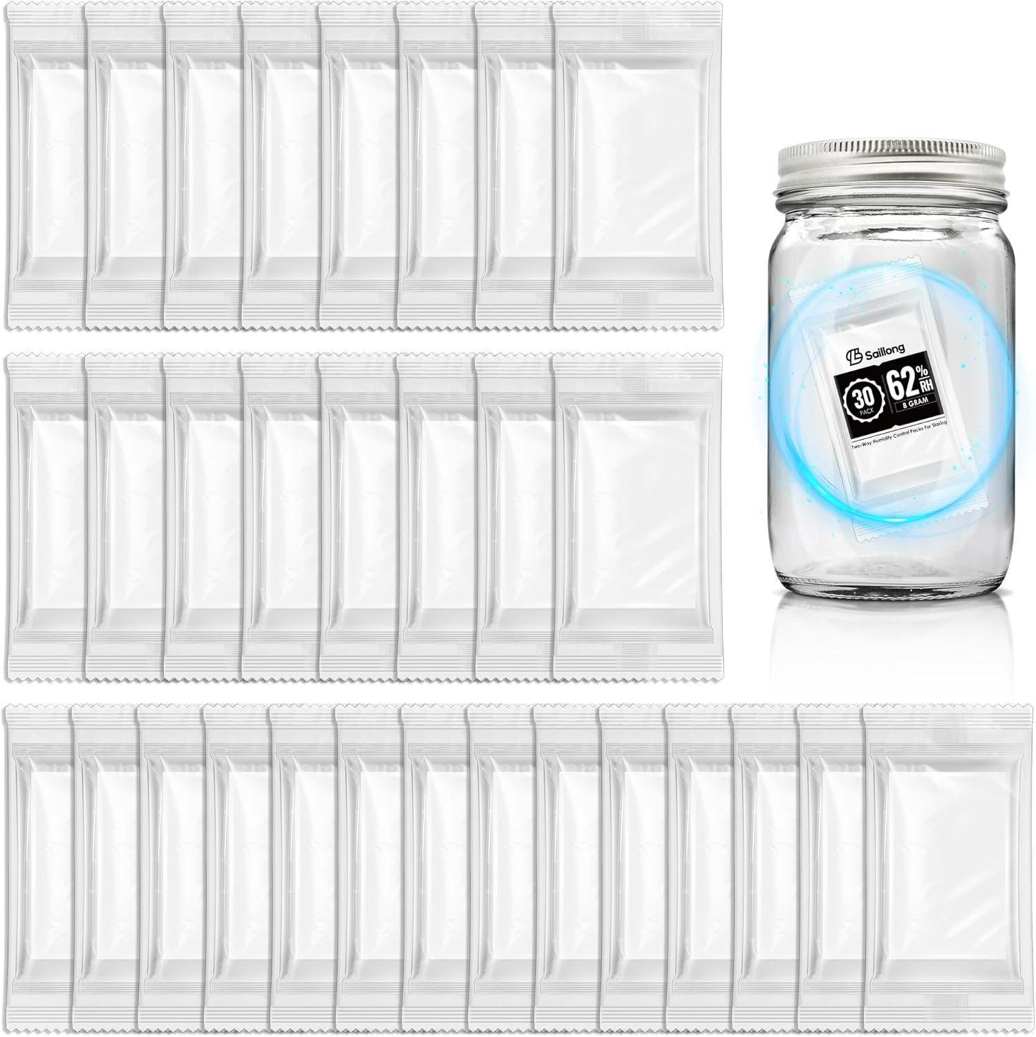 Saillong 30 Pack 62% RH 2-Way Humidity Control Pack, Preserve Flavor & Control Humidity, 8 Gram Humidor Packets for Up to 1oz, Moisture Absorbers for Storage Containers, Herbs, Spices & More