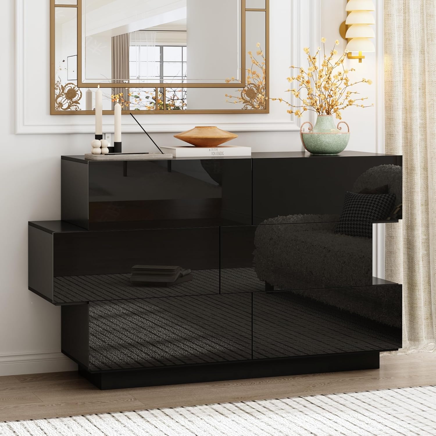 Black Drawer Dresser for Bedroom, Modern High Gloss Dresser with 6 Drawers, Storage Chest of Drawer with Asymmetrical Design for Bedroom, Living Room, Entryway