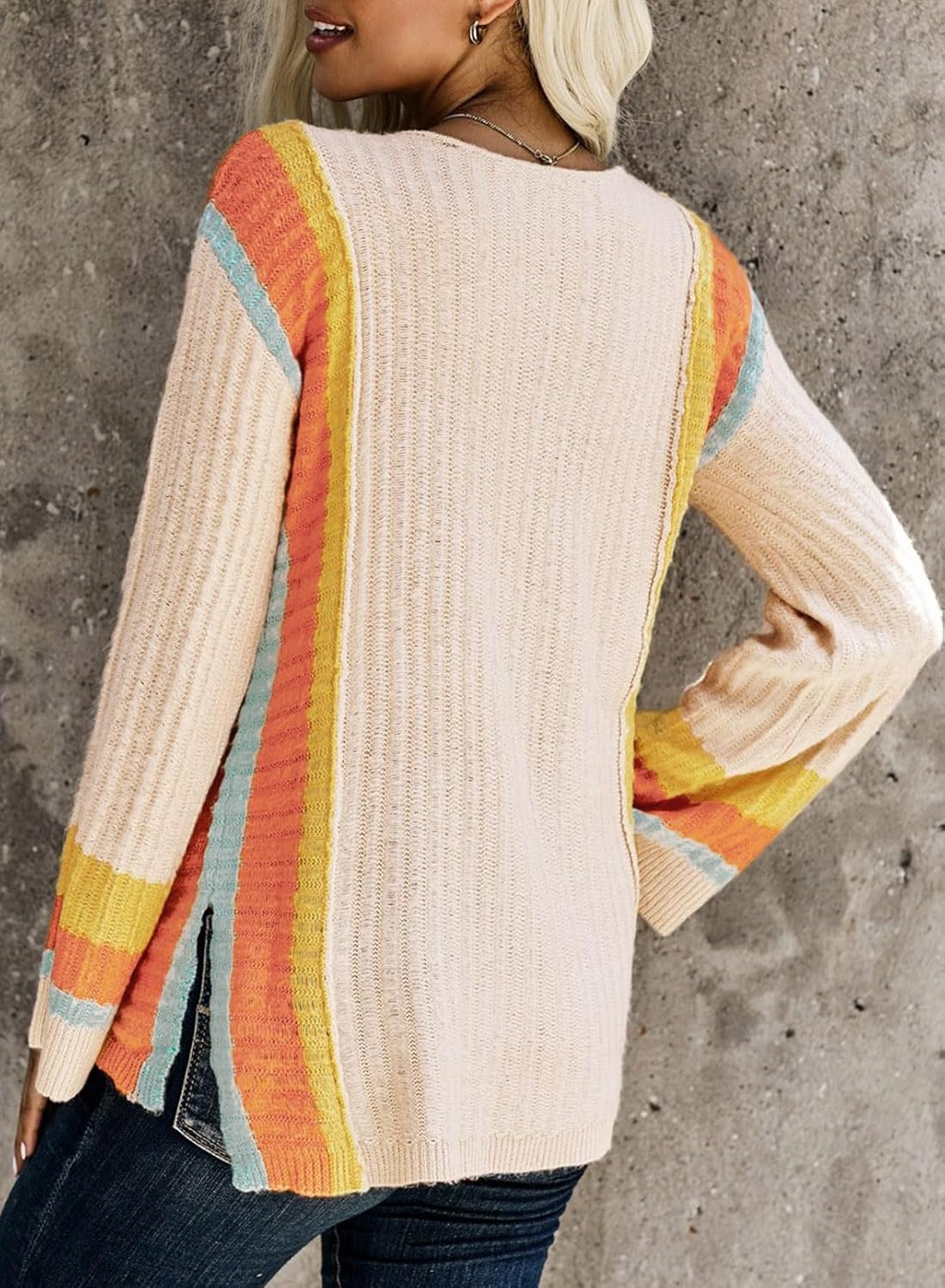 Dokotoo Womens 2024 Fall Casual Color Block Striped Lightweight Comfy Cable Knit Trendy Boho Clothes Pullover Sweaters