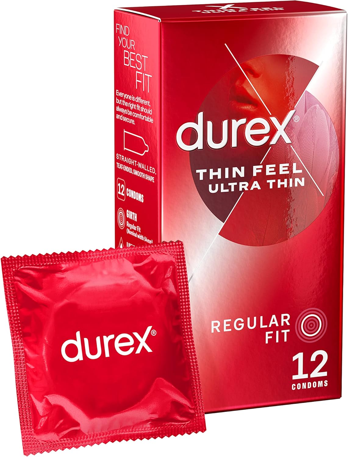 Durex Thin Feel Ultra Thin, 12 Condoms, Regular Fit, Teat Ended, Smooth Shape, With Silicone Lube, Trusted Durex Protection, Natural Latex Condoms