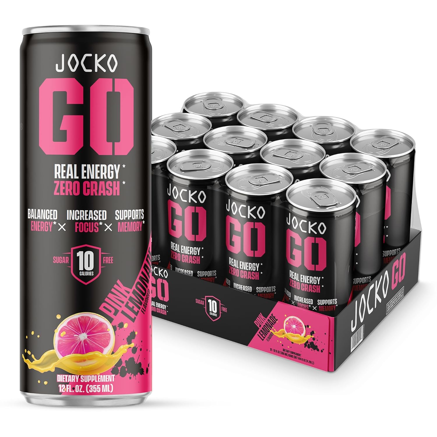 Jocko GO Energy Drink - KETO, Vitamin B12, Vitamin B6, Electrolytes, L Theanine, Magnesium- Energy Boost, Sugar Free Nootropic Monk Fruit Blend - 12 Pack (Pink Lemonade)