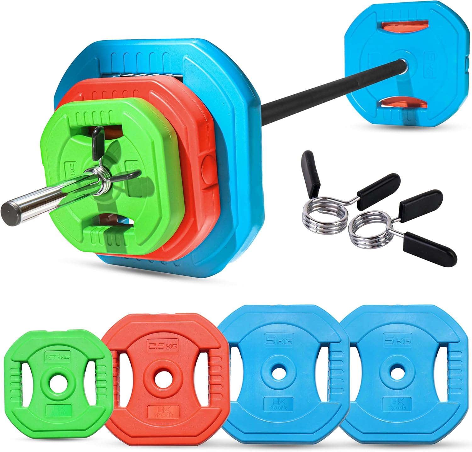 FK Sports Adjustable Barbell Weights Square, 20kg Studio Pump Set, Multicolor Cast Iron & Rubber Dumbbell Barbell Weight Plates for Full Body Workout
